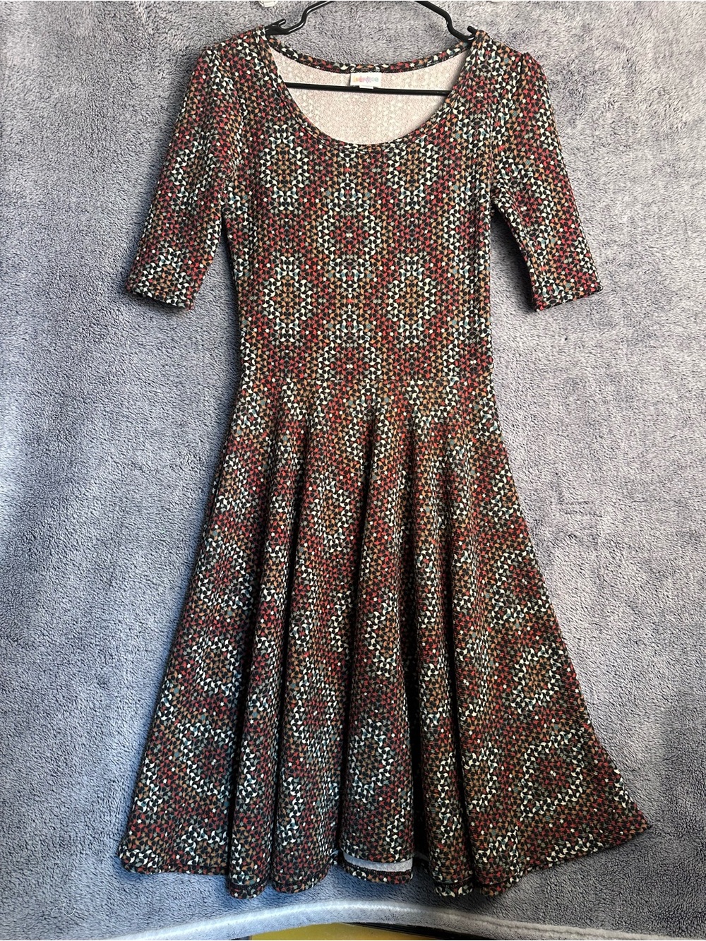LuLaRoe Multi-Color Scoop Neck Fit-and-Flare Dress — Rust, Teal, Cream
